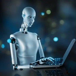 a robot coding at a laptop