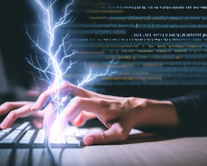 A coder working with lightning coming out of their keyboard